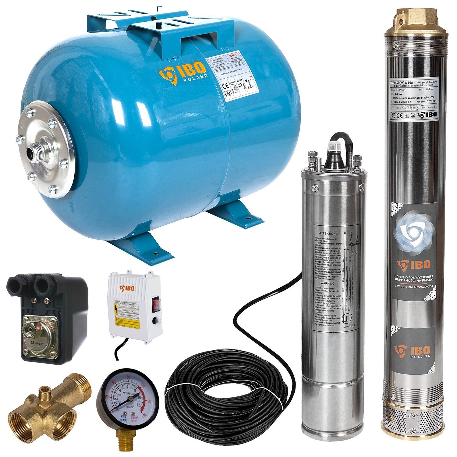 Kit hidrofor 24L cu pompa submersibila IBO Dambat 4SDM3/14, 1.1kW, debit 94l/min, H refulare 103m, racord 1.5", rezistenta la nisip