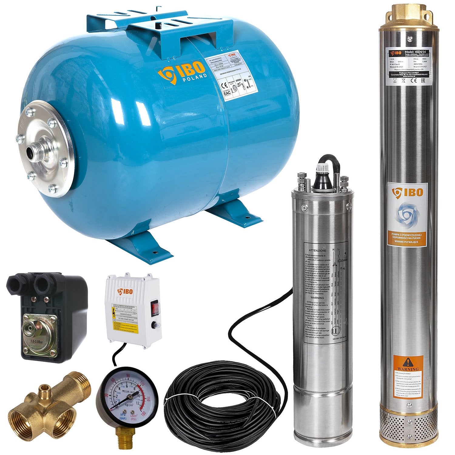 Kit hidrofor 50L cu pompa submersibila IBO Dambat 4SDM3/18, 1.5kW, debit 94l/min, H refulare 135m, racord 1.5", rezistenta la nisip