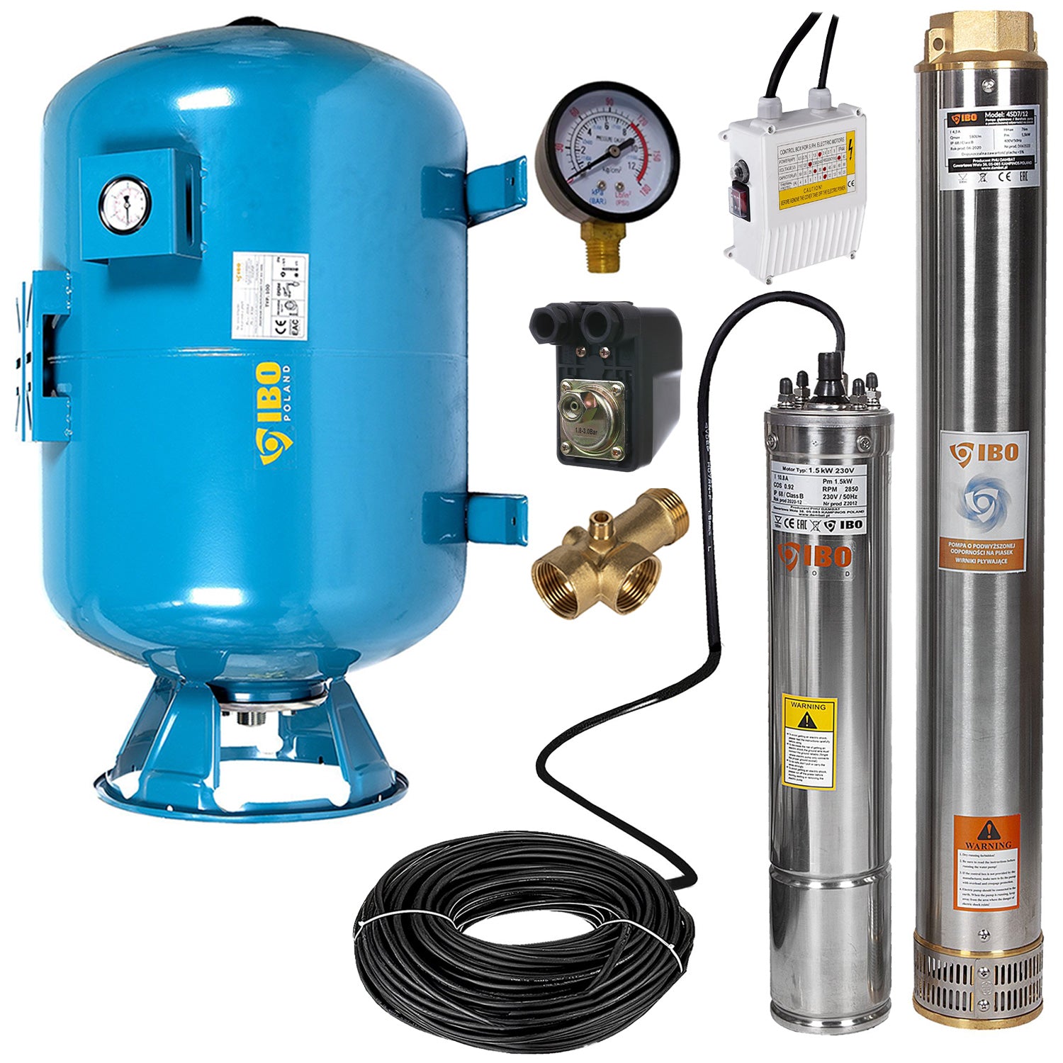 Kit hidrofor 100L vertical/orizontal cu pompa submersibila IBO Dambat 4SDM7/12, 1.5kW, debit 200l/min, H refulare 76m, racord 2 toli, rezistenta la nisip