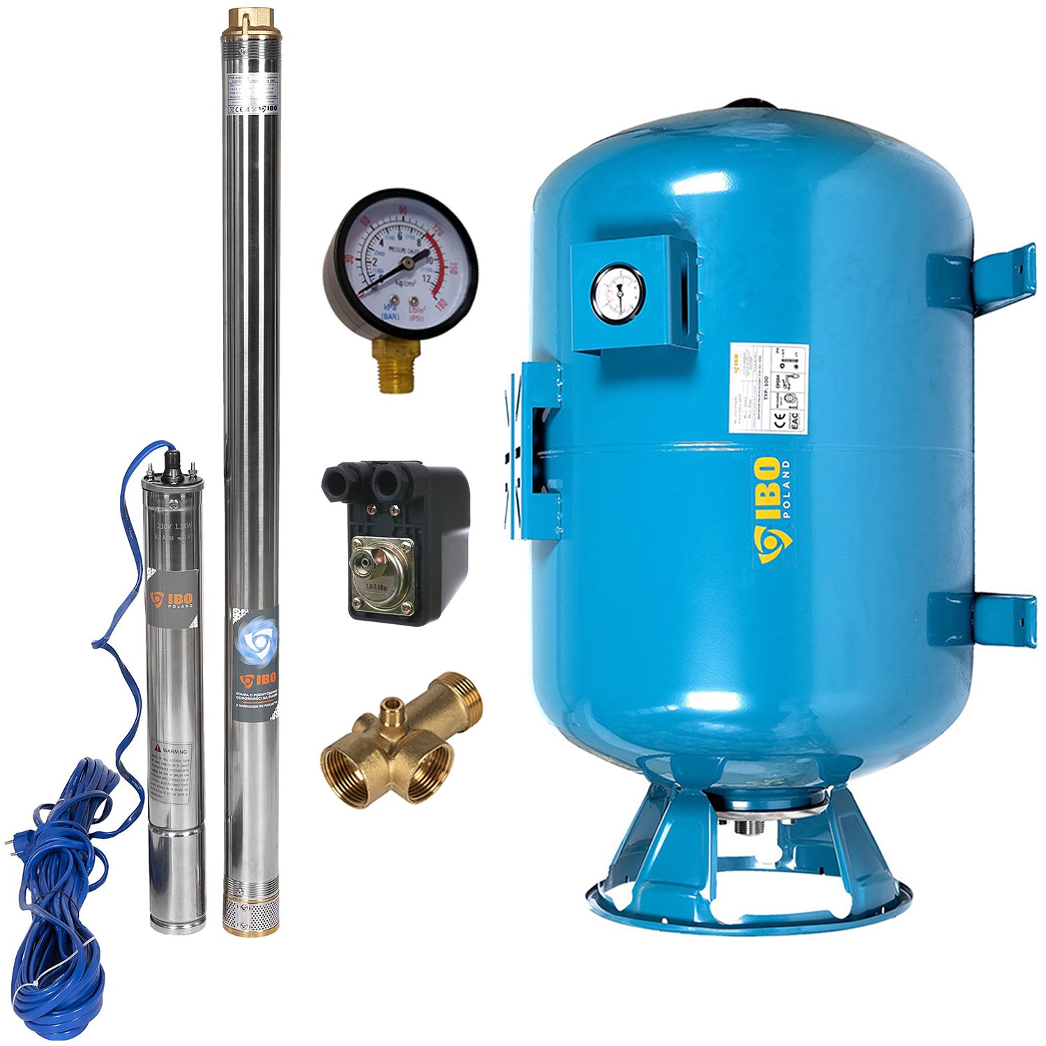 Kit hidrofor 100L oriziontal/vertical cu pompa submersibila IBO Dambat 3SDM33, 1.1 kW, debit 70l/min, H refulare 117m, cablu 20m, rezistenta la nisip