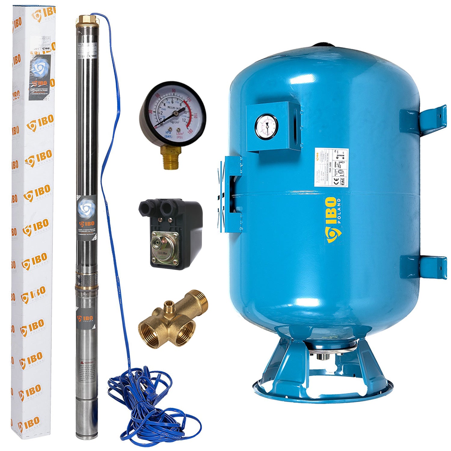 Kit hidrofor 100L vertical/orizontal cu pompa submersibila IBO Dambat 3STM16, 0.75 kW, debit 100l/min, H refulare 62m, cablu 20m, rezistenta la nisip