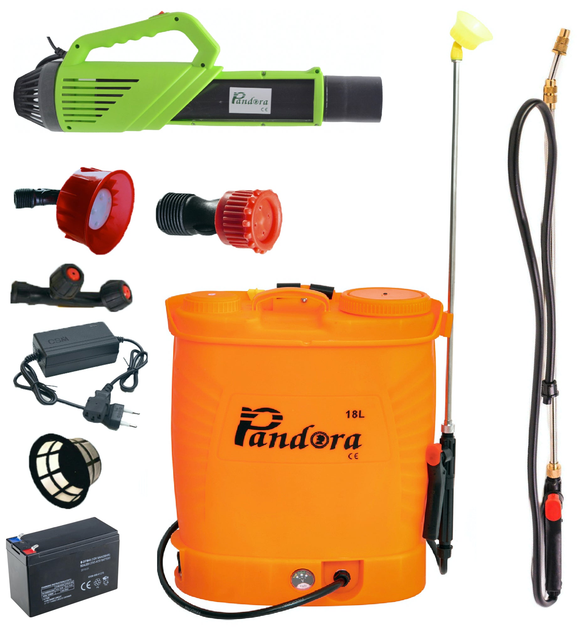 Set Pompa de stropit cu acumulator Pandora 18L + Atomizor electric + Set Lance stropit pomi inox 280cm, Vermorel