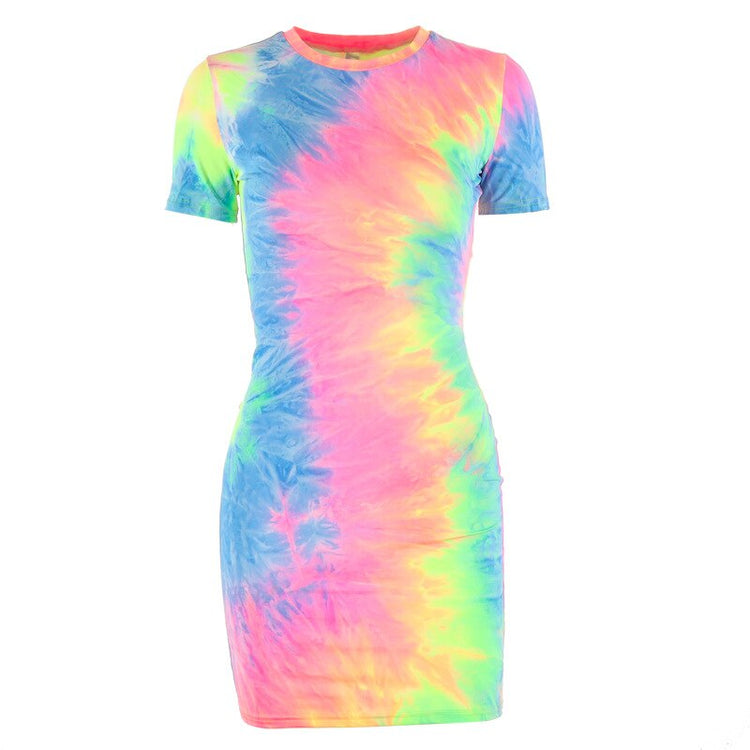 OMSJ Fashion 2019 Women Tie Dye Bodycon Dress Short Sleeve Female Colorful Print Summer Dress Casual Club Sexy Dresses Outfits