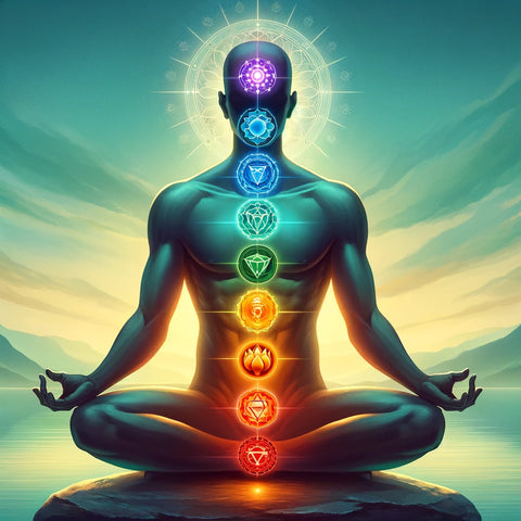 meditative human silhouette in a seated position, with seven chakras aligned vertically from the base of the spine to the top of the head. Each chakra is illustrated by a colored circle with a symbol inside, accompanied by its name: Root Chakra (red), Sacral Chakra (orange), Solar Plexus Chakra (yellow), Heart Chakra (green), Throat Chakra (blue), Third Eye Chakra (indigo), and Crown Chakra (violet). The tranquil background enhances the theme of meditation and energy balance.