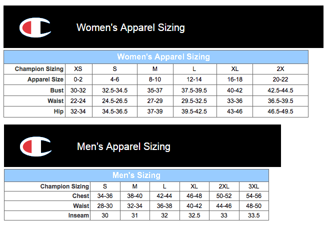men's champion shirt size chart