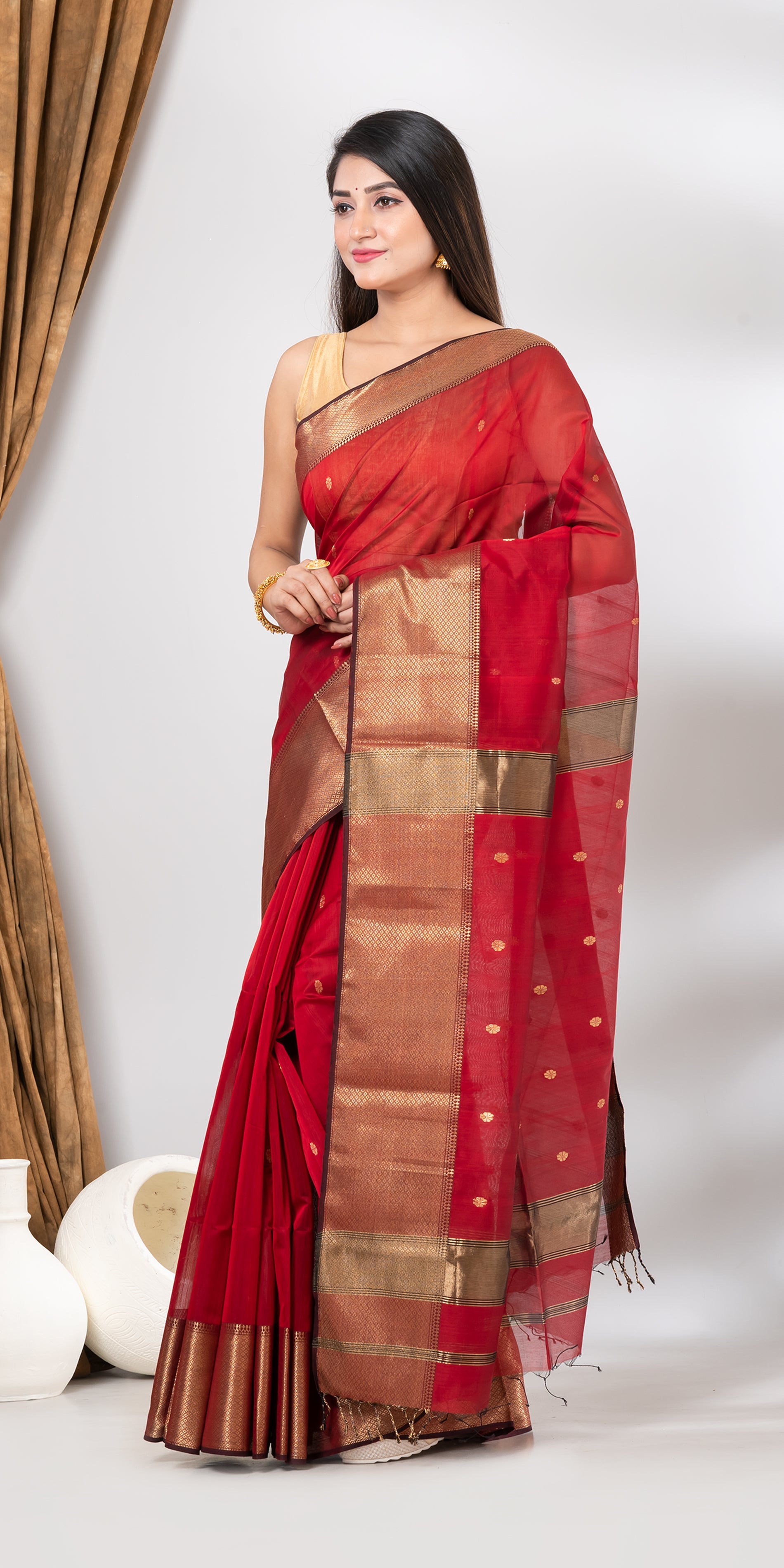 Red Maheshwari Saree with Floral Motifs-Maheshwari Saree-parinitasarees