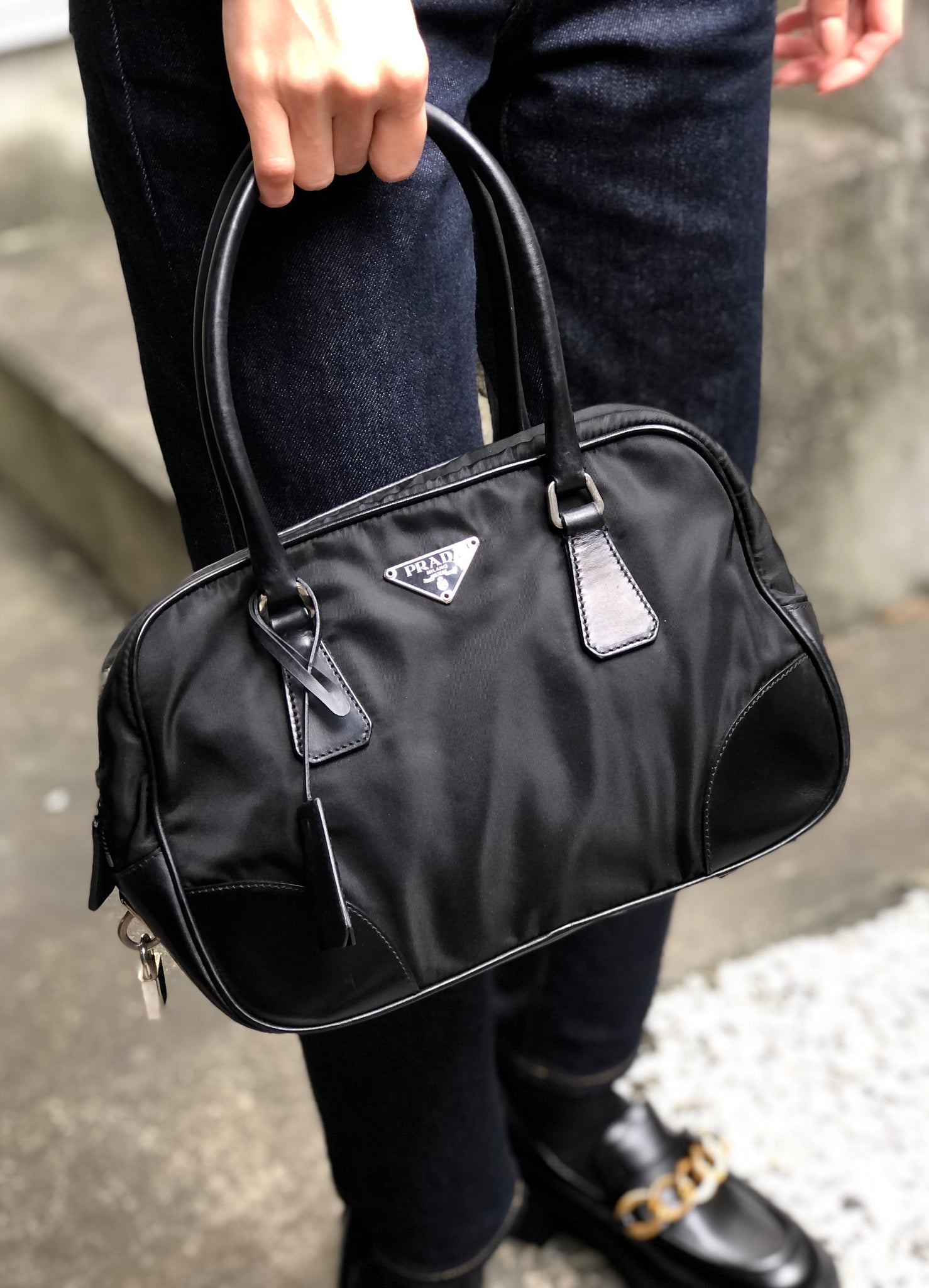 PRADA Triangle logo Nylon Mini Boston bag Handbag Black Vintage Old kh –  VintageShop solo
