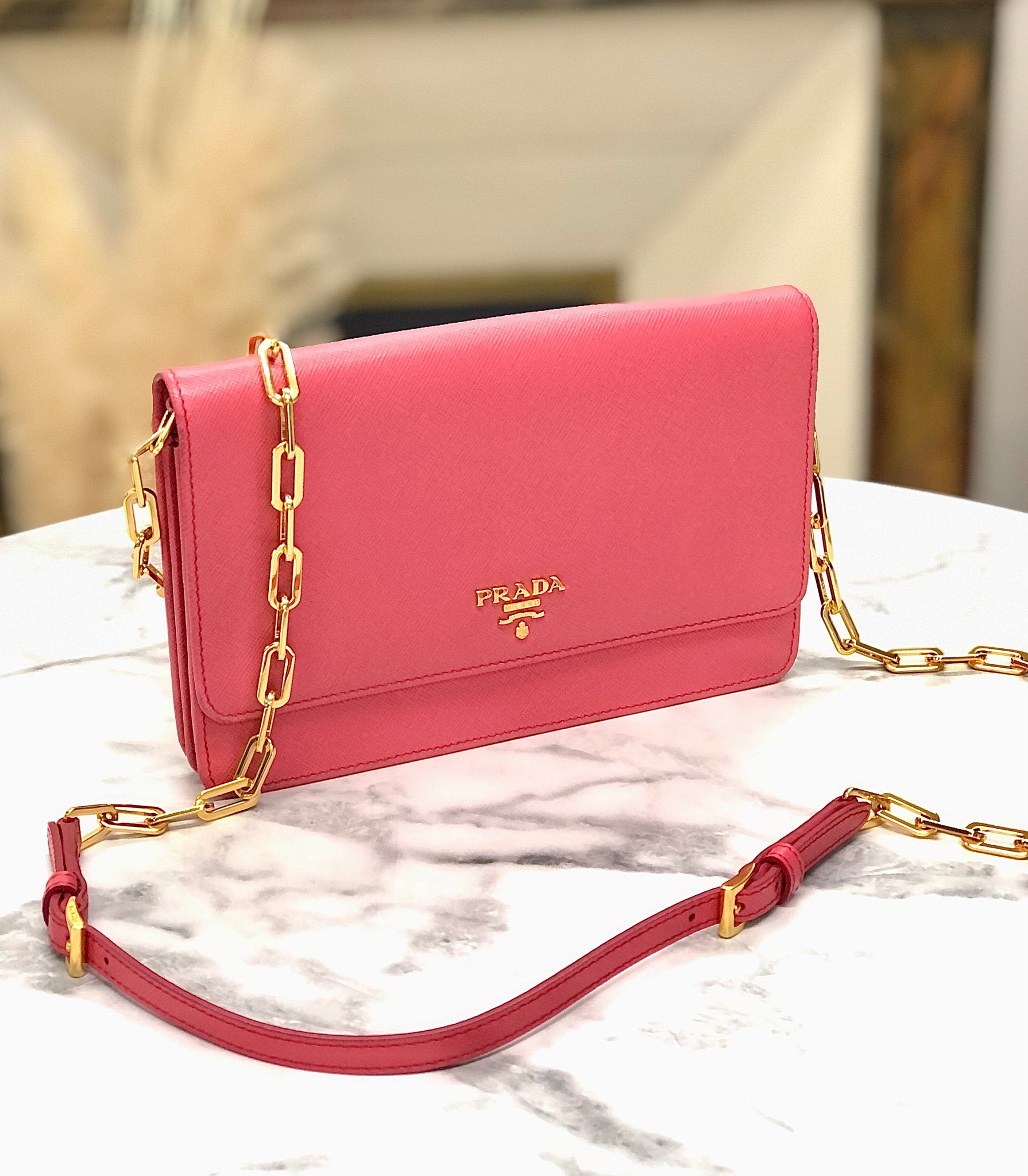 PRADA Logo Saffiano leather Chain Wallet Shoulderbag 1M1405 Pink Vinta –  VintageShop solo
