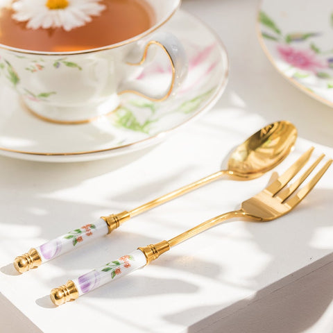 CERAMIC GOLD FLOWER DESSERT SPOON