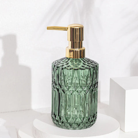 GREEN EMBOSSED GLASS SOAP DISPENSER