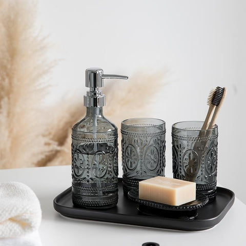 EMBOSSED GREY GLASS BATHROOM ACCESSORY SET