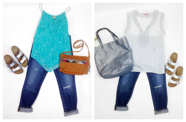 Left: Language Velvet Top in turquoise, Arizona Birkenstocks in silver, AG Beau jeans, Esuka bag in chestnut