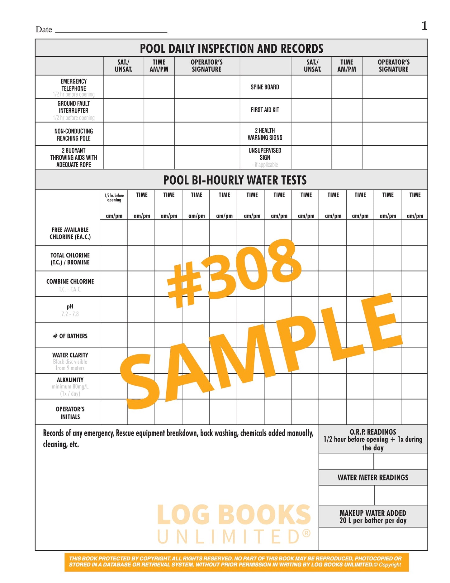Swimming Pool Log Book 308 Log Books Unlimited