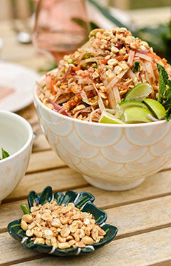 Sweet Chili Noodle Salad served in a blush pink serving bowl