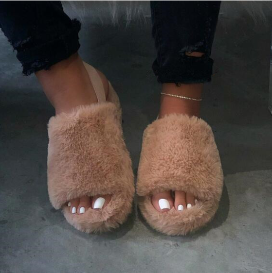 tan fuzzy slippers