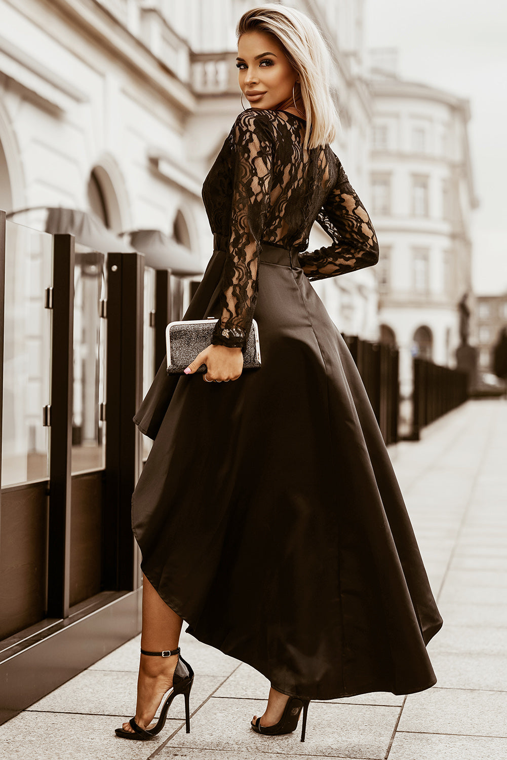 Nina's Black Long Sleeve Lace High Low Satin Asymmetric Prom Dress