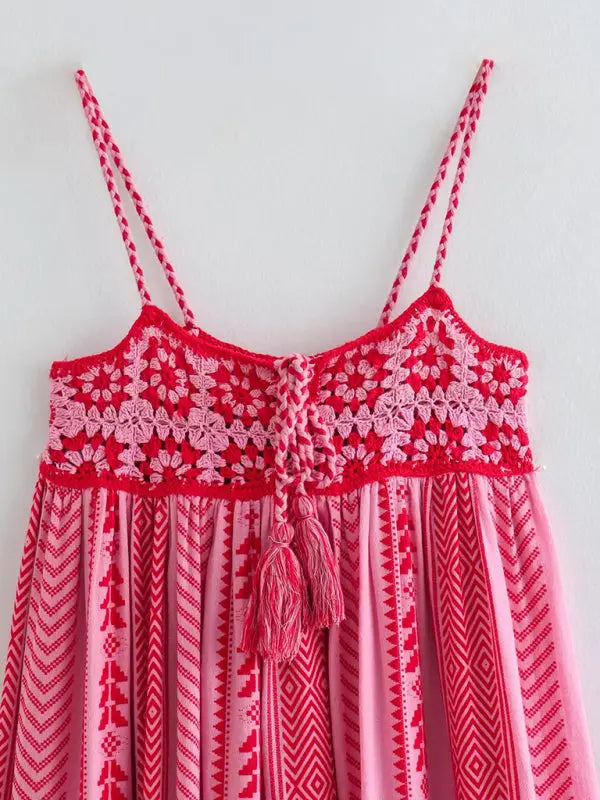 Crochet Patchwork Knitted Ethnic Style Maxi Slip Dress