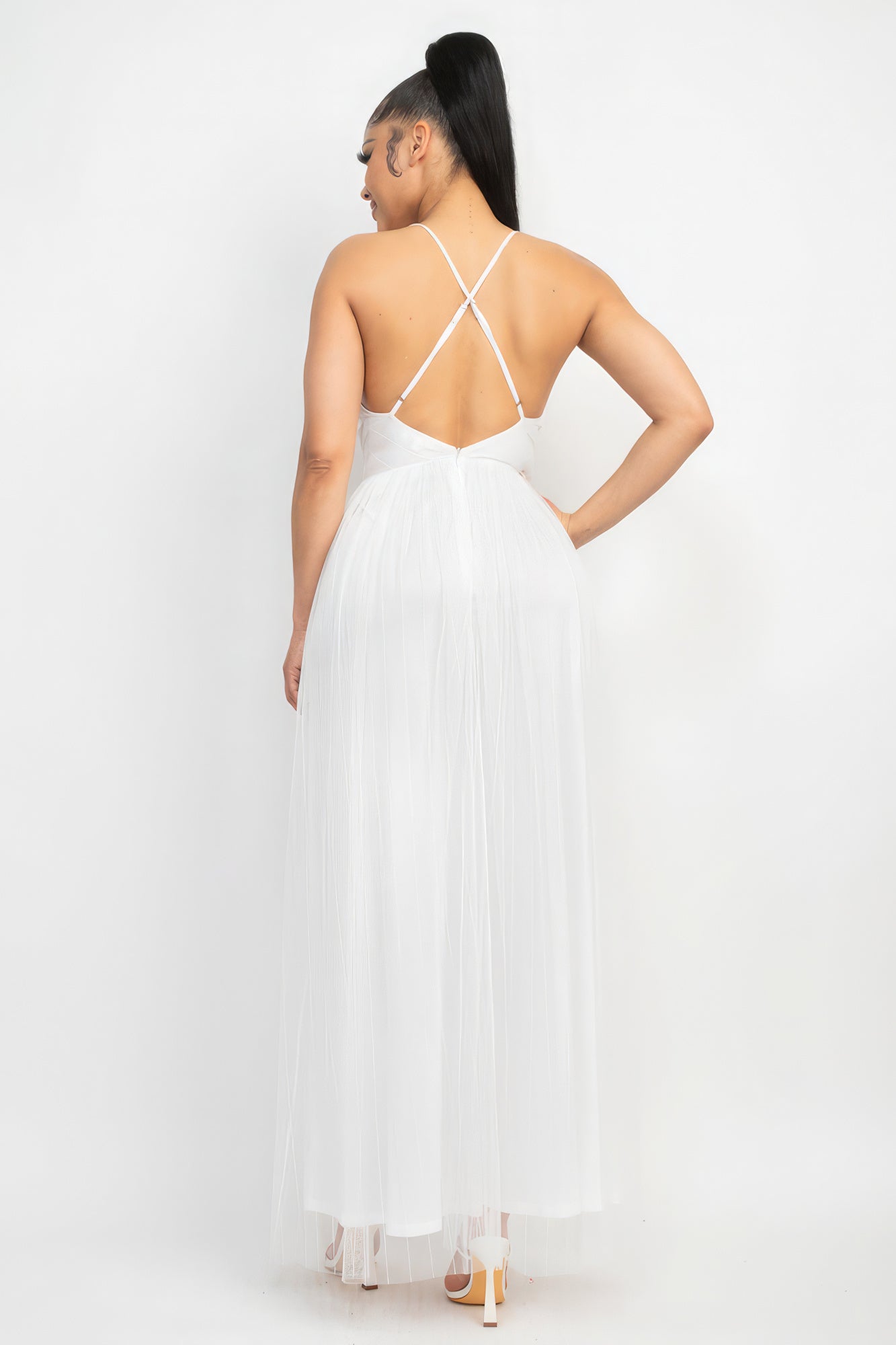  Mia's Pleated Mesh Slit Empire Waist Maxi Dress