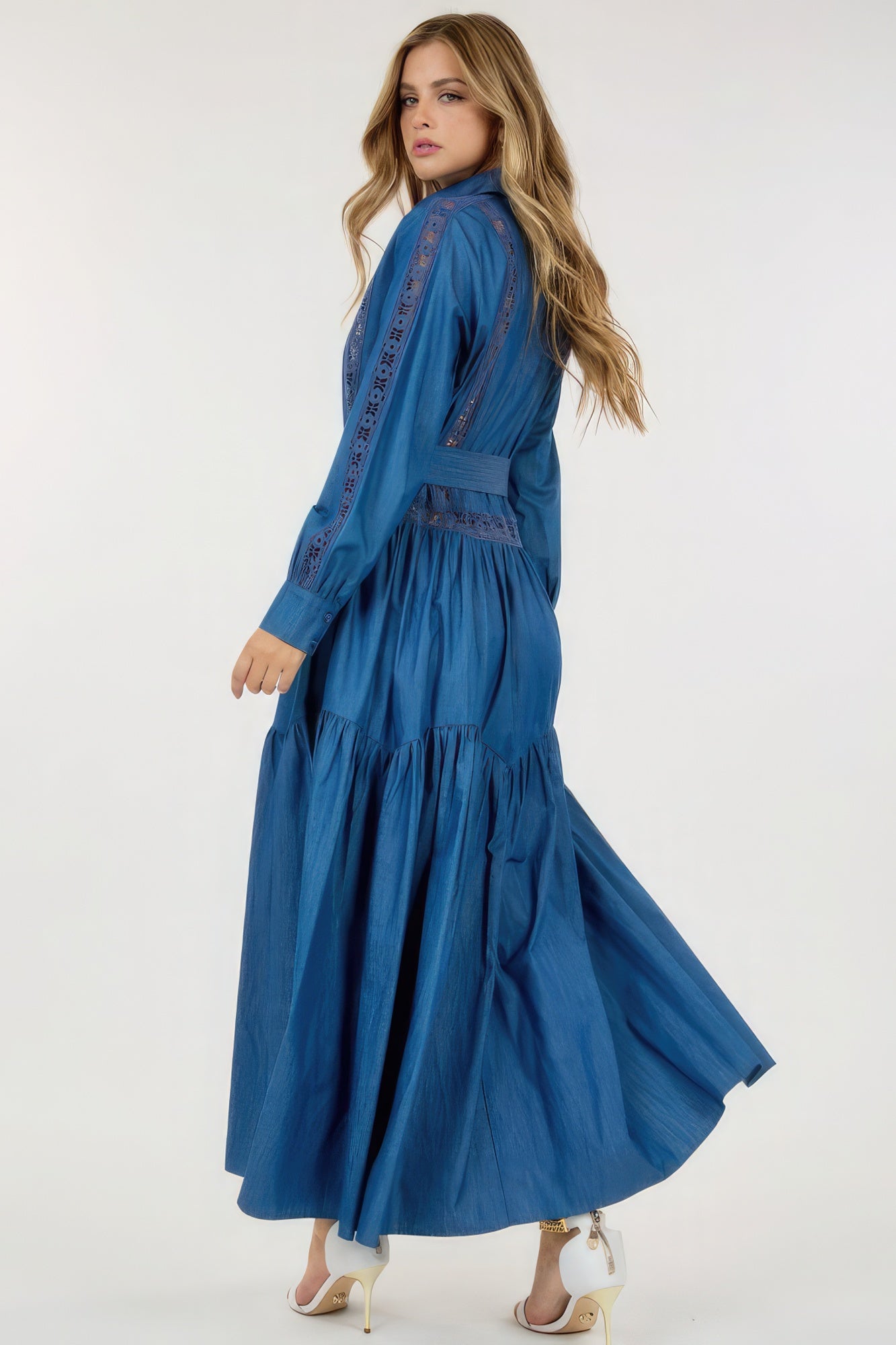 Charlotte's See-through Lace Long Sleeve Waist Belt Maxi Dress