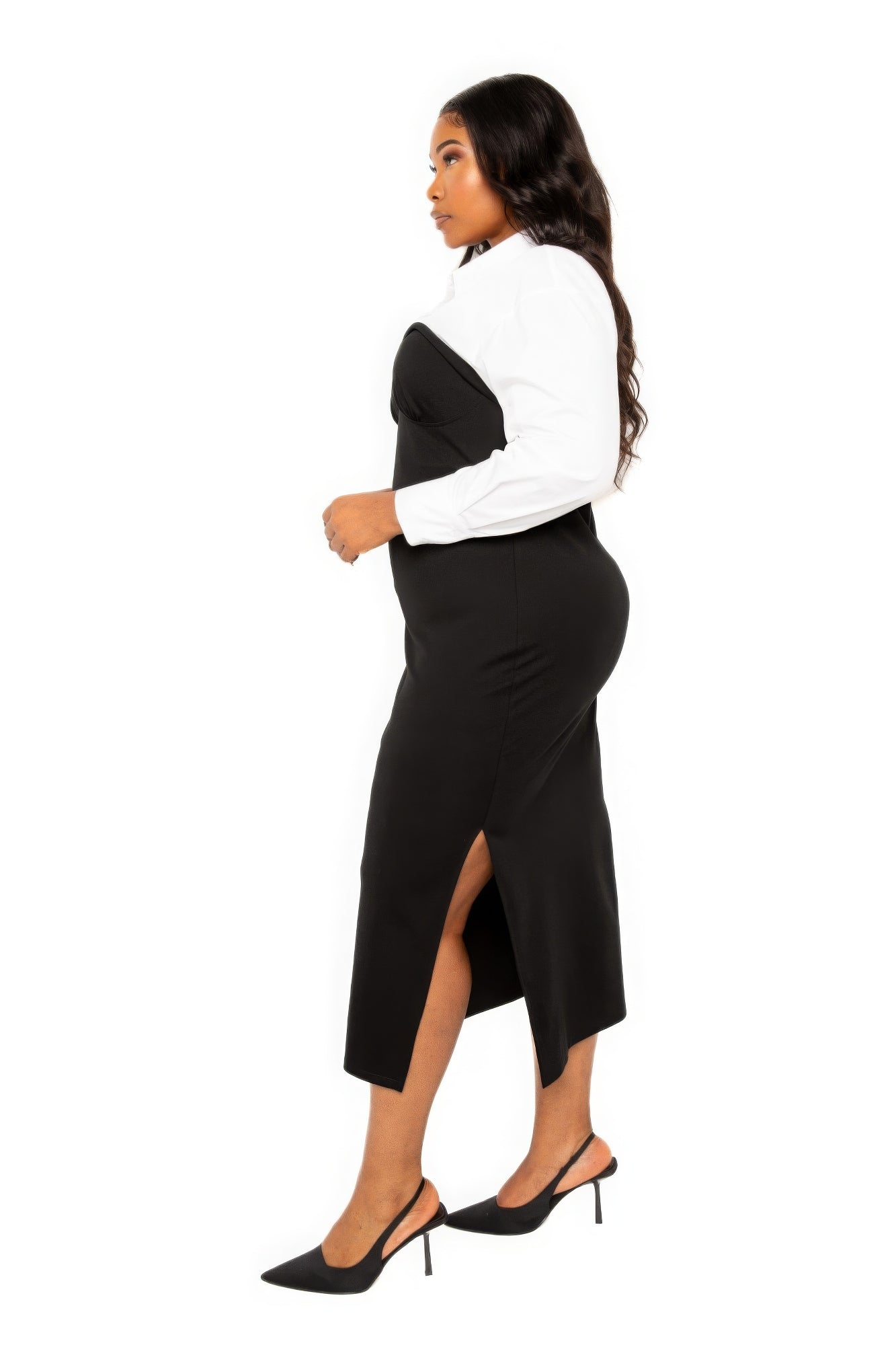 Ember's Collared Shirt Bodycon Midi Dress With Side Slit