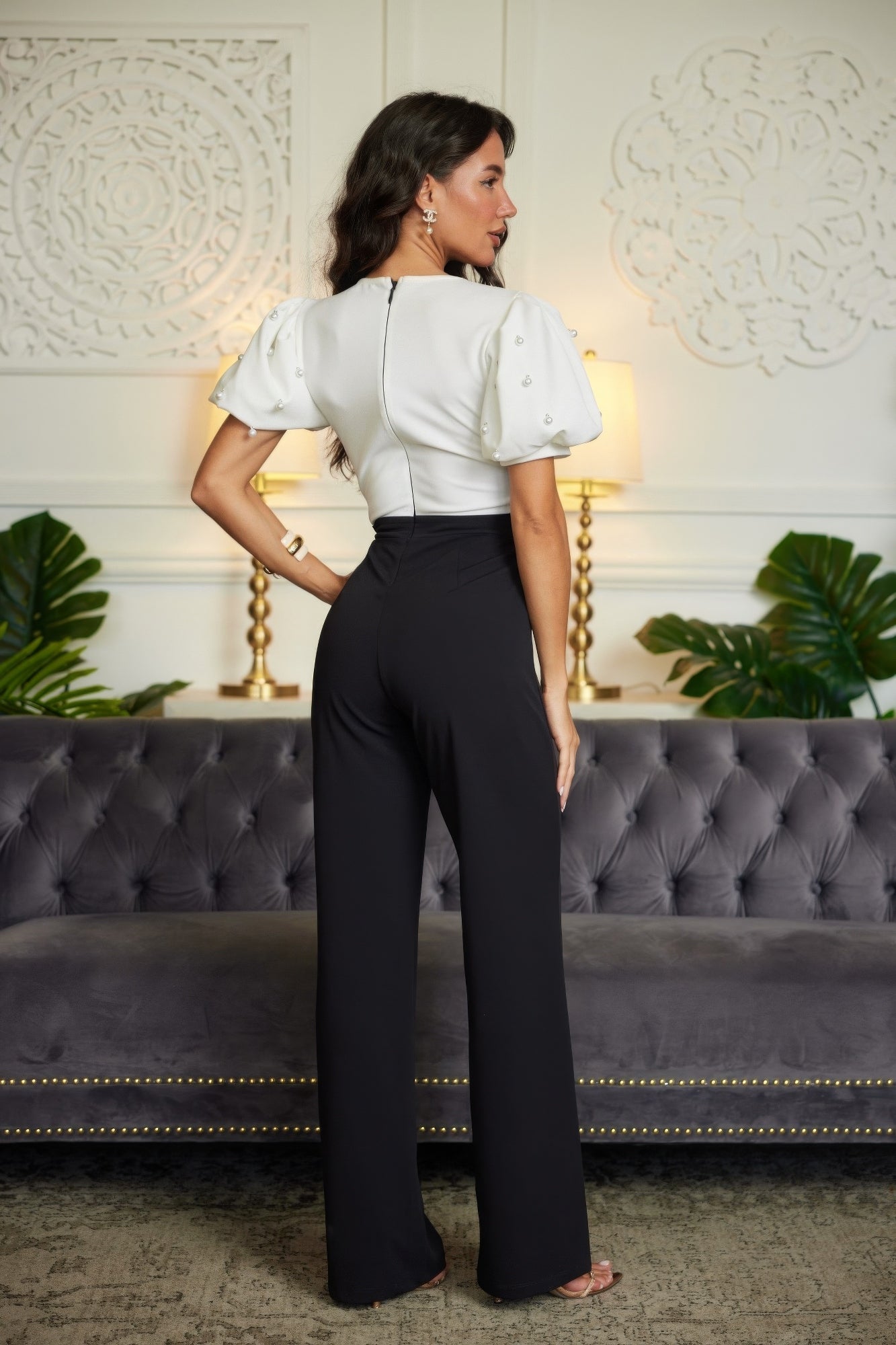Tonya's Bow & Pearl Detailed Black & White Jumpsuit