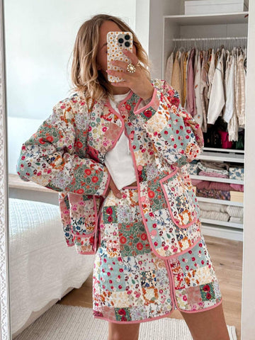 Perfect for Casual and Semi-Formal Settings - Eva's Floral Print Round Neck Thin Quilted Coat