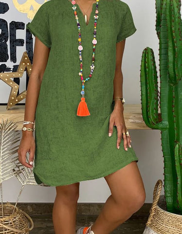 Solid Color Split Neckline Linen Blend Dress: by Blue Zone Planet