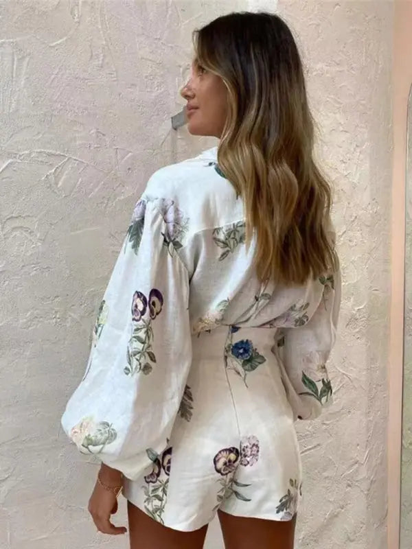 Anna's Fresh Floral High-Waisted Shorts and Long-Sleeved Blouse Set