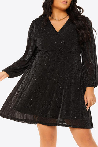 Plus Size Glitter Balloon Sleeve Empire Waist Mini Dress