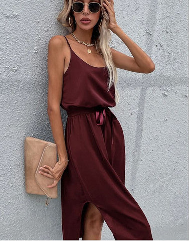 Solid Color Package Hip Slit Dress: by Blue Zone Planet