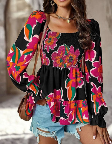 Women's Square Neck Casual Printed Long Sleeve Shirt Top