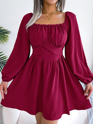 Tied Square Neck Balloon Sleeve Mini Dress