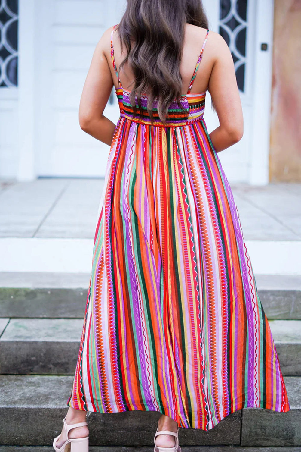 Marisol's Multicolour Striped Thin Straps Smocked Back Boho Maxi Dress