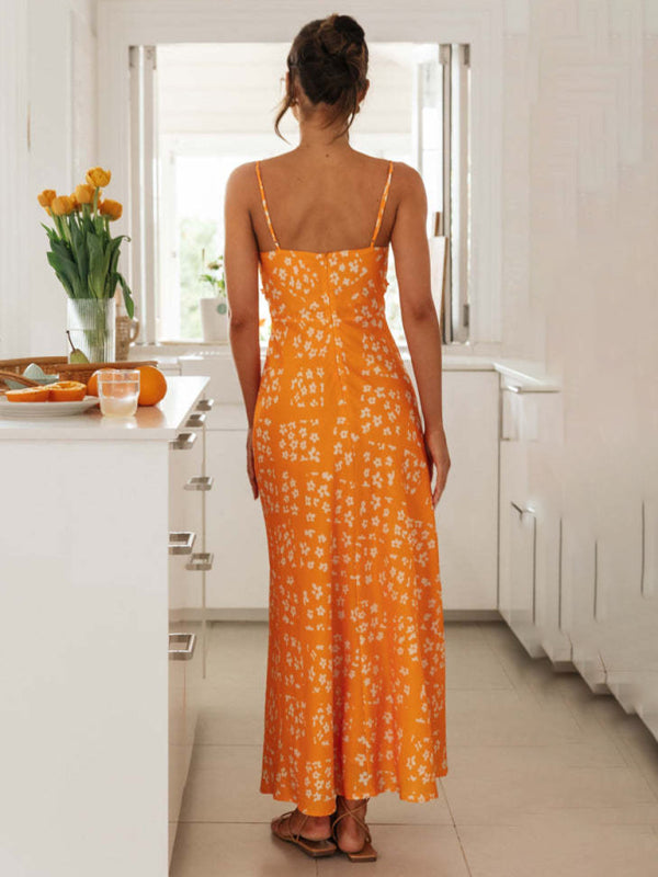 Spring and Summer Slim-Fit Spaghetti Strap V-Neck Floral Print Backless Maxi Dress