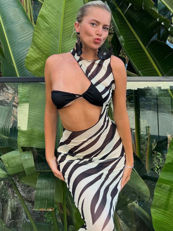 Laura's Zebra Print Sleeveless Slim Fit Irregular Bodycon Floor-Length Dress