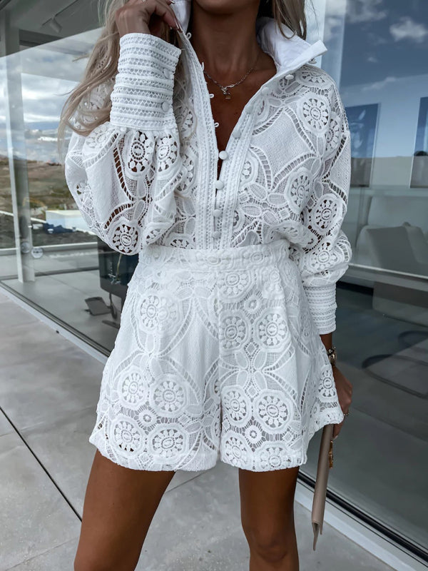 Daphne's Solid Color Single Breasted Upright Collar Lace Shorts Romper Suit