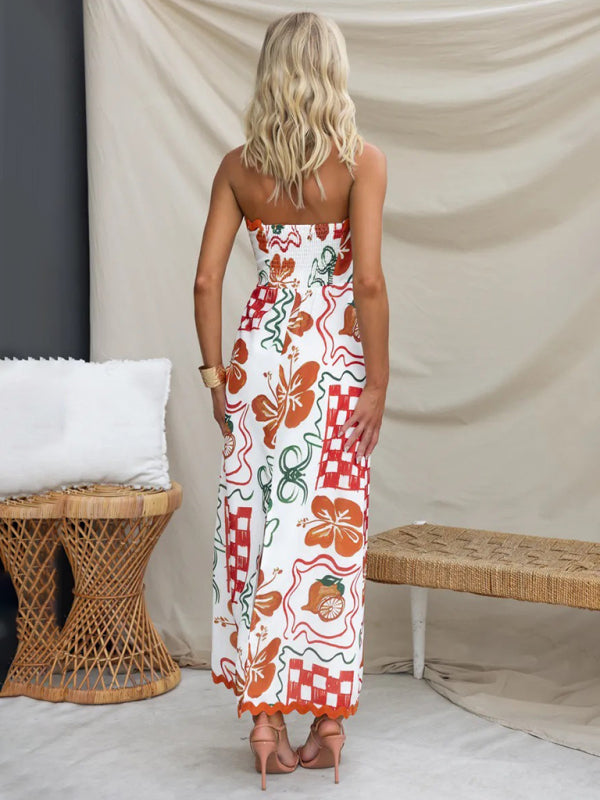 Gardenia's botanical print tube top sleeveless pleated maxi dress