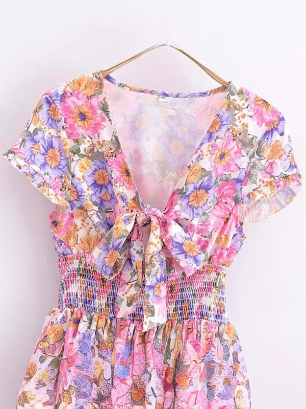 French floral chest tie waist stitching A-line skirt short-sleeved mini dress