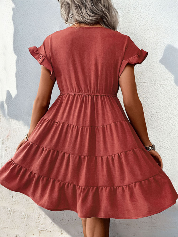 Paloma's V-Neck Raglan Sleeve Solid Color Tiered Mini Dress