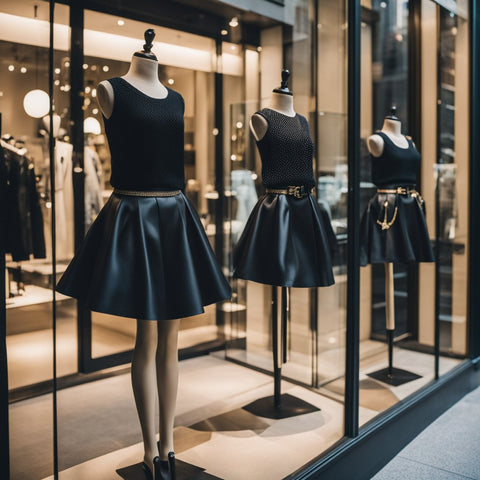 Black mini skirts on display at a storefront window