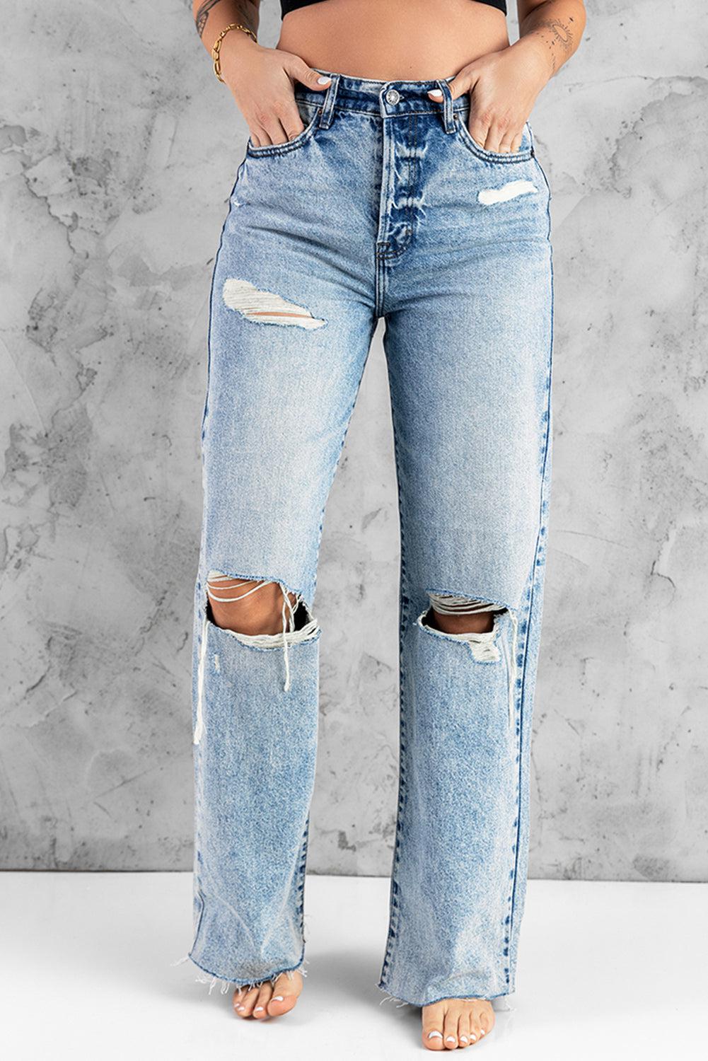 Distressed Raw Hem Wide Leg Jeans