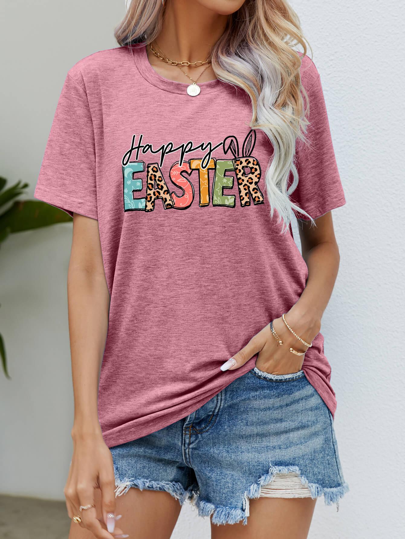 HAPPY EASTER Graphic Round Neck Tee Shirt-TOPS / DRESSES-[Adult]-[Female]-Rouge Pink-S-2022 Online Blue Zone Planet