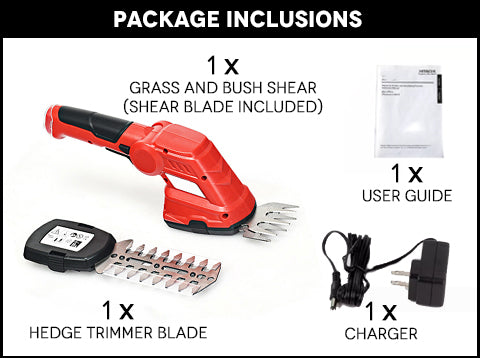 2-in-1 Cordless Grass Cutter & Hedge Trimmer Package Inclusions