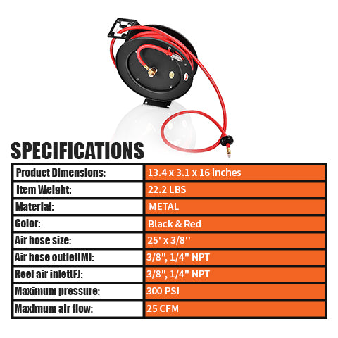 Specifications of 50 ft Retractable Air Hose