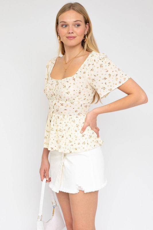 BUTTON DOWN BACK SMOCKING DITSY PRINT TOP - Clothing - Market Street Boutique
