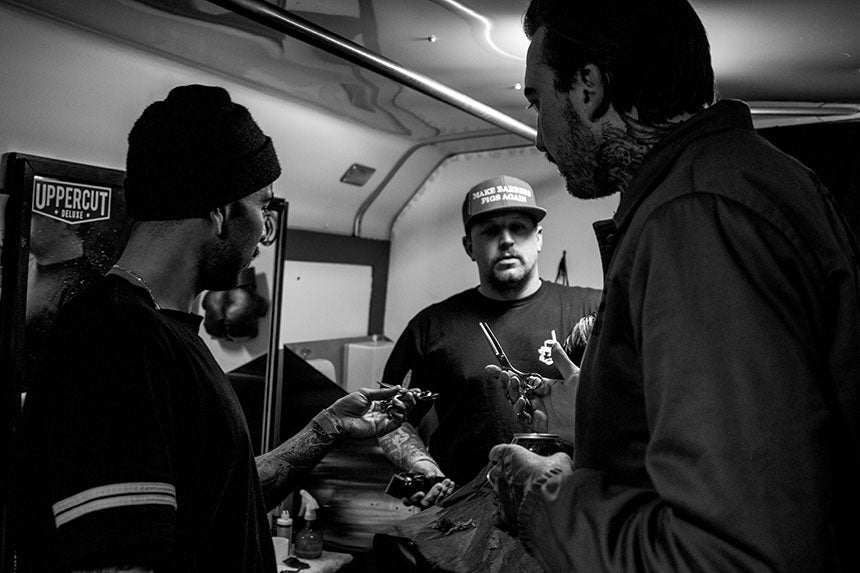 Men talking in a barbershop