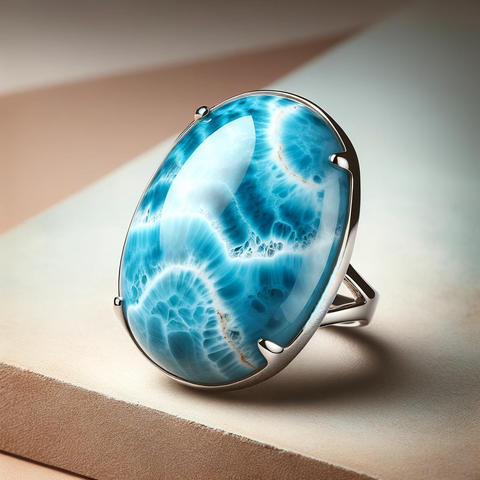 A stunning piece of blue larimar gemstone, elegantly displayed for a jewelry store. The larimar should have a distinct, vivid blue color with patterns