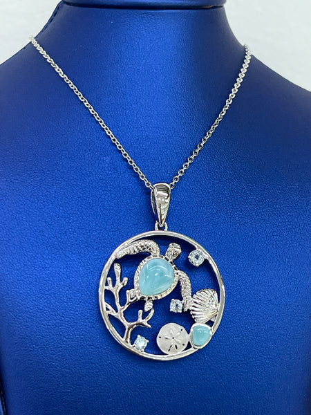 Sterling Silver Necklace with underwater scene of Turtle, seashell, and sand dollar