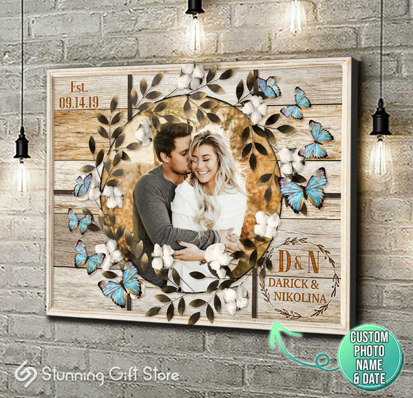 Canvas Wedding Photo, Personalized Photo Wall Art, Customized Anniversary Gifts, Blue Butterfly Wall Art