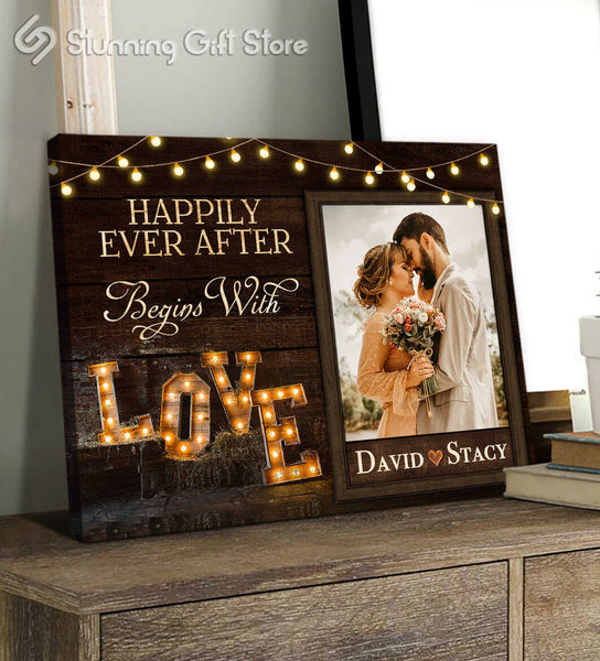 Custom Canvas Prints With Pictures, Personalized Gifts For Newlyweds, Happily Ever After Begins With Love Canvas
